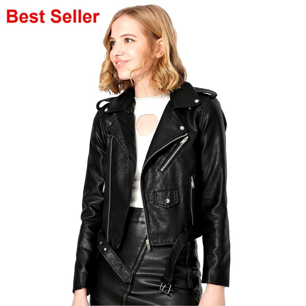 Faux Leather Moto Jacket Zip-Up Slim Biker Coat with Pockets